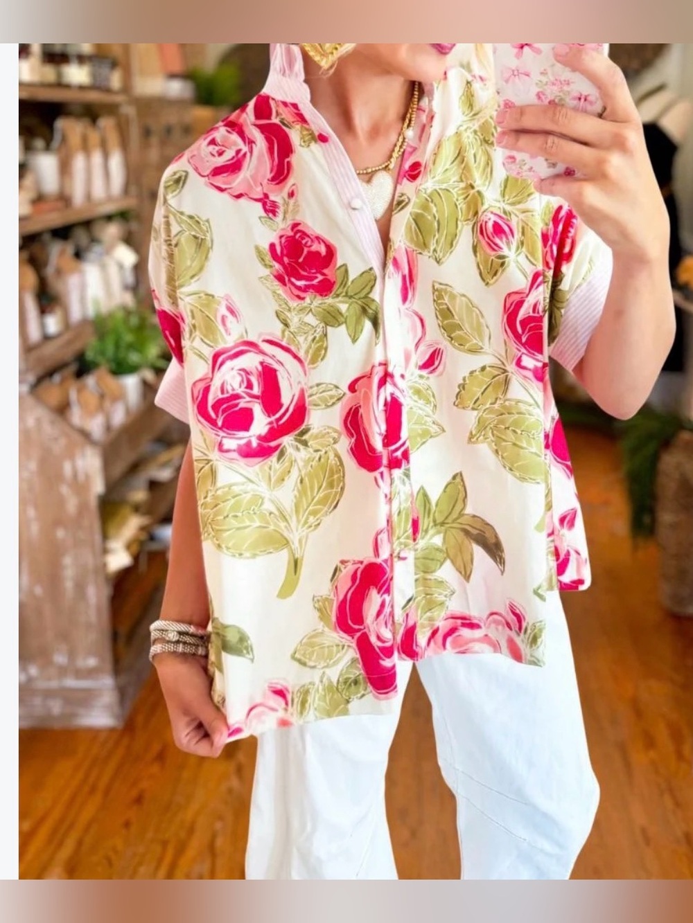 UMGEE Standing Collar Floral Dolman Sleeve Button Front Blouse - Large
